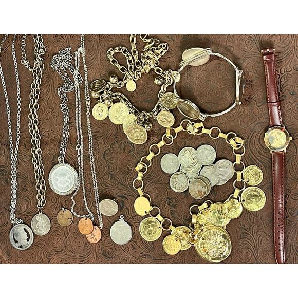 Large Mixed Metals Coin Jewelry Lot 22 Necklaces Bracelets Pendants Watch Coins - Picture 14 of 15